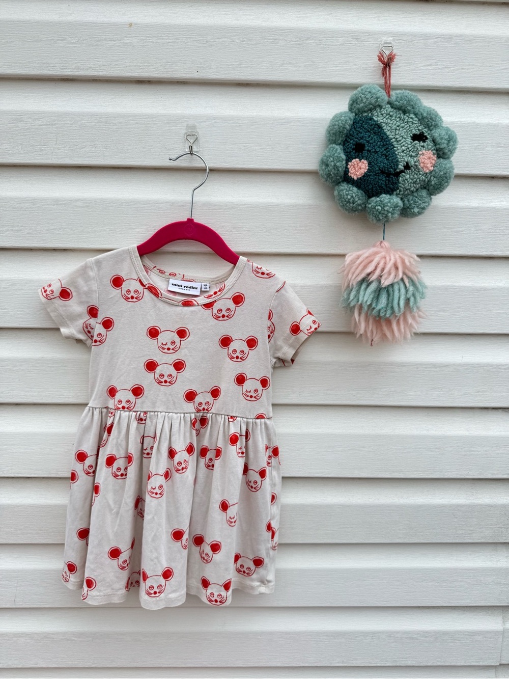 Mini Rodini Cream Dress with Red Bear Faces